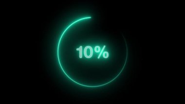 Animasyon Neon İlerleme Göstergesi Teknoloji Arayüzü için Çember Yükleme. Neon yükleme animasyonu 0 'dan 100%' e kadar sayılıyor, parlayan bir daire içeriyor