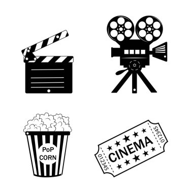 Sinema ikonu seti. Patlamış mısır kutusu paketi, bilet. Klipsi aç. Bilet. Kamera, film video makarası
