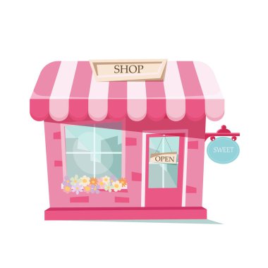 Pembe bir şekerci dükkanında pembe bir tabela ve pembe bir duvarda renkli çiçekler.