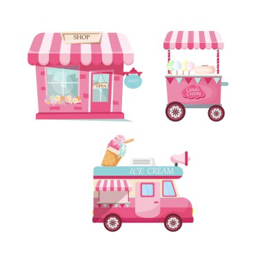 Beyaz arka planda izole edilmiş pembe set, pamuk şeker ve dondurma minibüsü, mobil mağaza şablonu çizimi, tekerlekli şirin araba, çizgili pembe tasarım