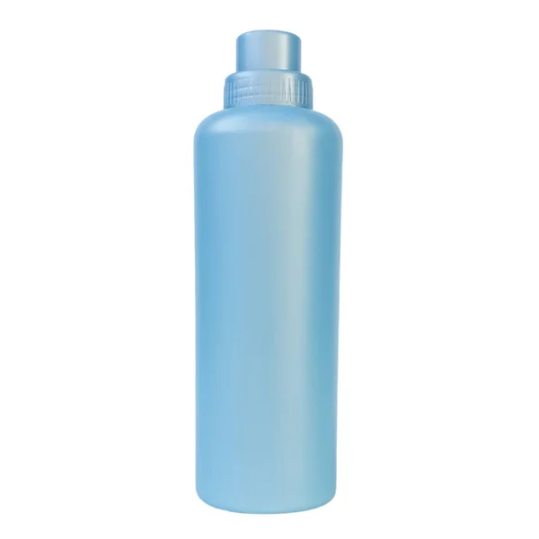 Beyaz arka planda açık mavi ya da mavi bir plastik şişe. Kumaş yumuşatıcı veya sıvı çamaşır deterjanı