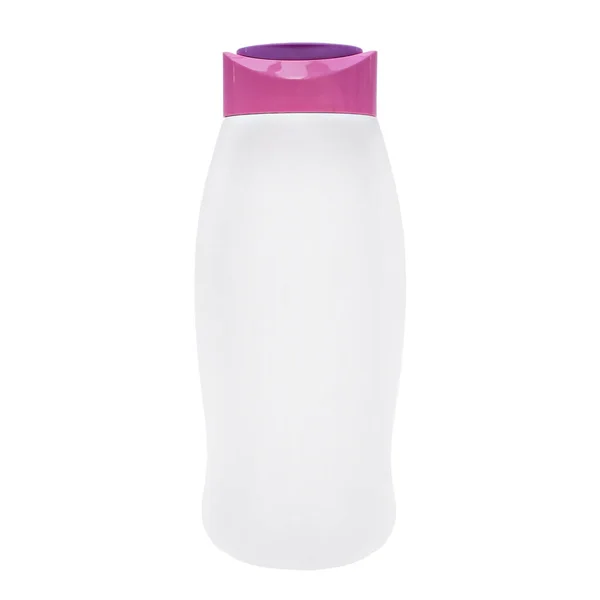 White bottle with pink cap. Liquid packaging products