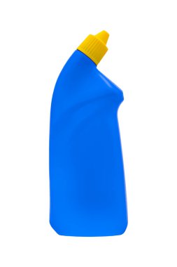Evdeki kimyasallar için sarı kapaklı mavi plastik şişe.