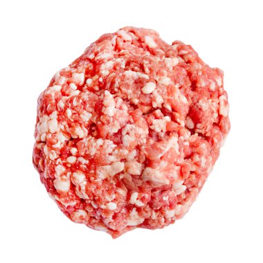 Pembe-kırmızı, beyaz benekli, yuvarlak şekilli çiğ et, yarı bitmiş ürün.