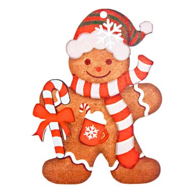Noel Baba şapkası ve çizgili eşarp takan elinde şeker kamışı tutan tatlı bir Noel adamı. Bu izole zencefilli çörek adam Noel kartları, hediye paketleri, çocuk tasarımı, mevsimlik dekorasyonlar ve tatil reklamları için mükemmel.