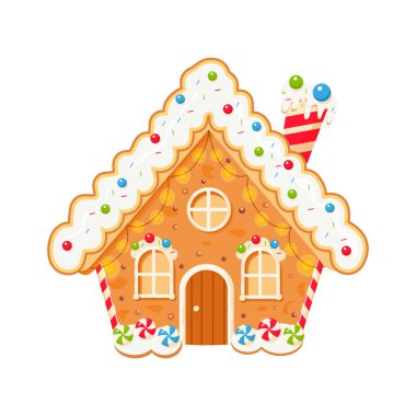 Krema, şeker ve Noel çelenkleriyle süslenmiş renkli bir ev. Çizgi film tarzında şenlikli Noel çizimi. Tebrik kartları, kış tasarımları, çıkartmalar, çocuk tasarımları, ambalajlar ve mevsimlik dekorasyonlar için mükemmel.