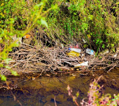 Güney Kore 'de atık plastik çöplerle su kirliliği. Plastik ve Çöp Kirliliği. Yüksek kalite fotoğraf