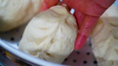 Pyanse veya pigodi veya Wangmandu, Rusya 'nın Uzak Doğusunda ve Orta Asya' nın Koryo-saram bölgesinde popüler fast food yemekleri olan lahana ve etle doldurulmuş Rus-Kore buğulamalı turta, çörek veya hamur tatlısı. Yüksek kalite 4k görüntü