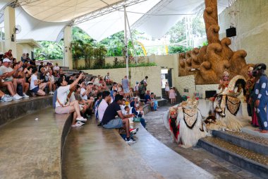 Endonezya, Bali 'de bir sahnede canlı gamelan müziği ve müzisyenlerle geleneksel bir kültürel dans sergileyen bir Balili Barong dansçısının fotoğrafı. Bali, 22 Temmuz 2025.