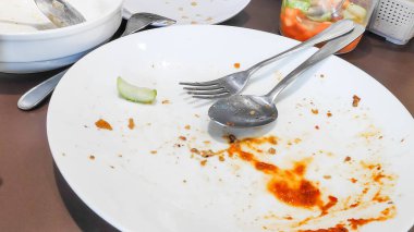 Akşam yemeğinden sonra dağınık boş tabakları yağlı ve temizlik konsepti için sürülmüş soslu gösteriyor..