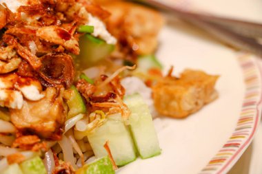 Nasi Lengko 'nun beyaz tabakta servis ettiği popüler Endonezya sokak yemeklerinin ayrıntılı fotoğrafı.