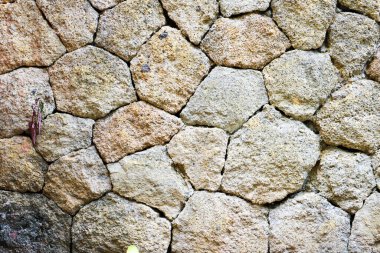 Kaba kumlu dokusu ve gri harç eklemleriyle kaplanmış kırsal bir taşın ayrıntılı görüntüsü
