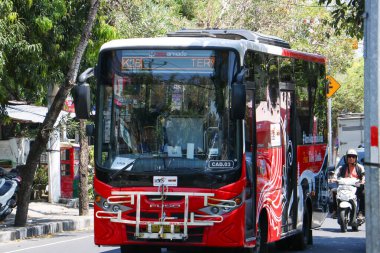 Kırmızı bir Trans Metro Dewata otobüsü Denpasar Bali Endonezya 'da güneşli bir caddede 7 Mayıs 2025' te seyahat ediyor.