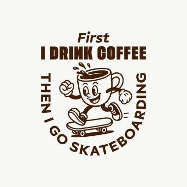 Kaykay vektörü tişörtü, poster, çıkartma tasarımı üzerinde eski tarz kahve fincanı.