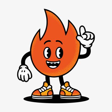 Çizgi film Ateş Karakteri Vektör Tasarımı Sneakers ve Mutlu İfadeyle Şirin Retro Maskotu