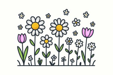 Yaban Çiçeği Vektörü Şirin Papatyalar ve Lale Çizimi Tasarımı