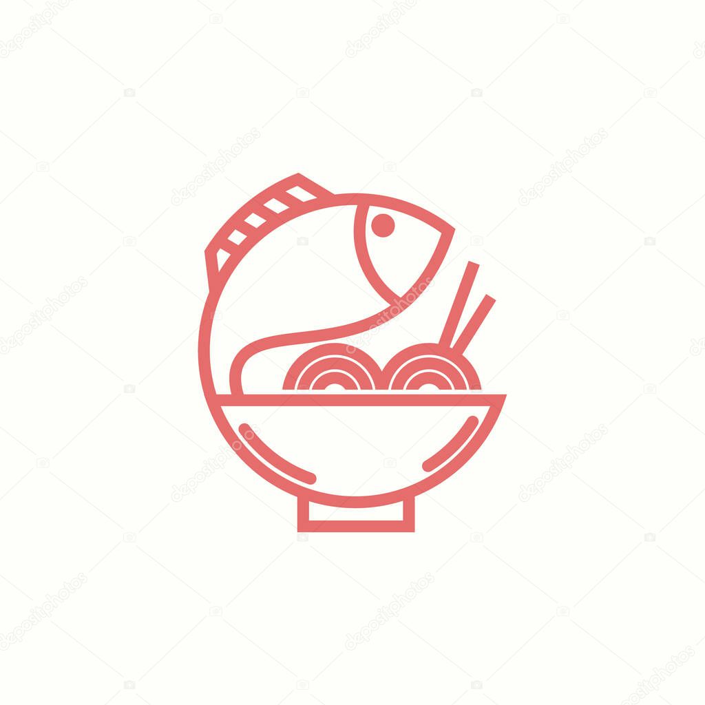Minimalist Fish And Noodles Bowl Logo Vector Design For Asian Cuisine