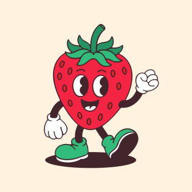 Çilek Retro Maskot Vektör İllüstrasyonu Komik Karikatür Meyve Karakteri Tasarımı