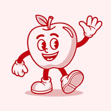 Mutlu çizgi film Elma Karakteri Vektör İllüstrasyon El sallama Retro Biçiminde