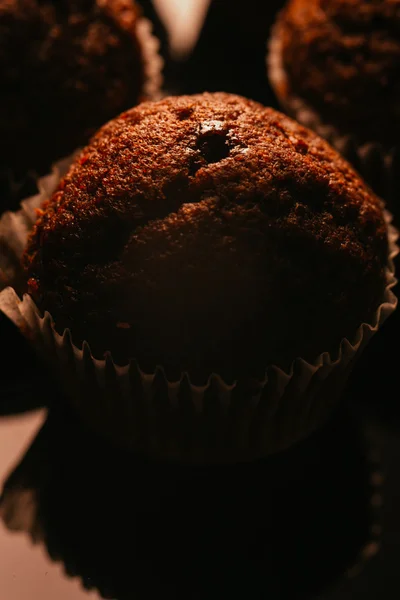 Magdalenas de chocolate con nueces sobre fondo oscuro, enfoque selectivo —  Fotos de Stock