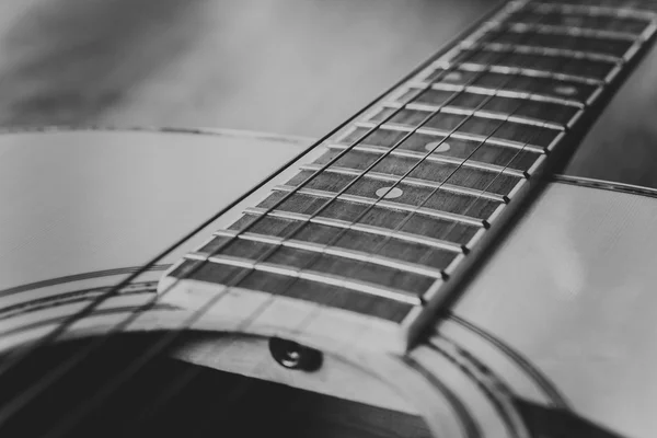 Noir et blanc photo acoustique guitare détail cordes vautour — Photo