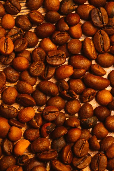 许多咖啡豆关闭在光的背景 — 图库照片