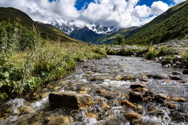 Ushguli Gürcistan yakınlarındaki Kafkasya Dağları 'ndaki Shkhara Buzulu: Engebeli tepeleri, kayaları ve sisli gökyüzü olan görkemli Alp manzarası. Yüksek kalite fotoğraf