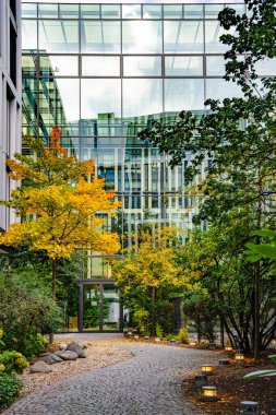 Sonbahar Bahçesi Yolu ile Modern Ofis Binası: Renkli ağaçlar ve Şehir Merkezindeki Yumuşak Akşam Işıkları ile çevrili Çağdaş Cam Mimari. Yüksek kalite fotoğraf