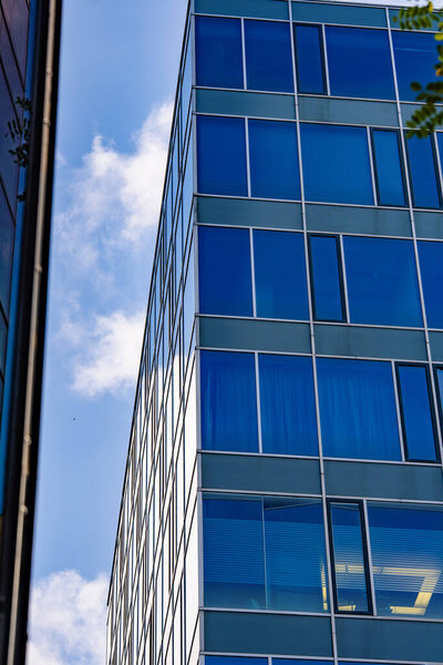 Modern Glass Building With Autumn Tree Reflection: Contemporary Architecture And Vibrant Yellow Foliage Creating A Striking Urban Contrast. High quality photo