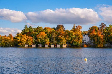 Wesslinger 'da Sonbahar Yansıması Bavyera' da: Renkli ağaçlar, Mavi Gökyüzü ve Almanya 'nın Münih yakınlarındaki Sakin Göl Suyu ile Sakin Manzara. Yüksek kalite fotoğraf