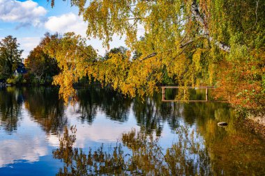Wesslinger 'da Sonbahar Yansıması Bavyera' da: Renkli ağaçlar, Mavi Gökyüzü ve Almanya 'nın Münih yakınlarındaki Sakin Göl Suyu ile Sakin Manzara. Yüksek kalite fotoğraf