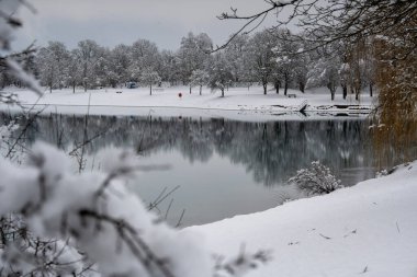 Karla kaplı ağaçlar, Almanya 'nın Bavyera, Münih yakınlarındaki Emmeringer Gölü' nün sakin sularına yansıdı. Yüksek kalite fotoğraf