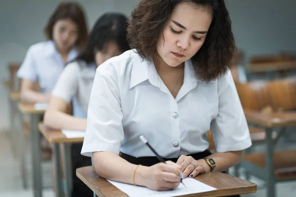 Selective Focus Teenage College Students Sit Lecture Chairs Final Examination — Φωτογραφία Αρχείου