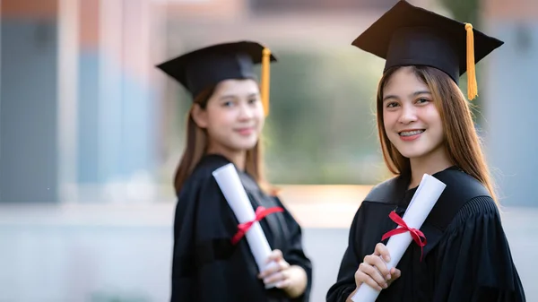 Young Happy Asian Woman University Graduates Graduation Gown Mortarboard Hold — Stock Photo, Image