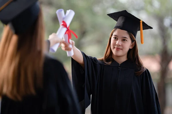 Young Happy Asian Woman University Graduates Graduation Gown Mortarboard Hold — Stock Photo, Image