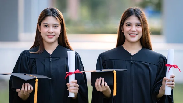 Young Happy Asian Woman University Graduates Graduation Gown Mortarboard Hold — Stock Photo, Image