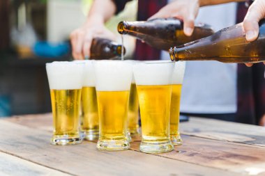 Yaz kampı partisinde elinde bira bardaklarıyla kutlama yapan insanların görüntüsü. Arkadaşlar kamp yaparken bir şişe bira içiyorlar.