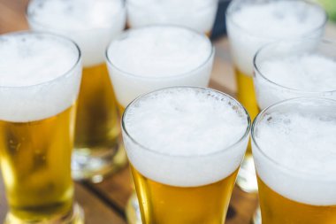 Yaz kampı partisinde elinde bira bardaklarıyla kutlama yapan insanların görüntüsü. Arkadaşlar kamp yaparken bir şişe bira içiyorlar.