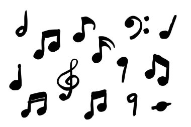 El çizimi müzik notası ve müzik sembolü, basit siyah beyaz çizgi resim simgeleri.
