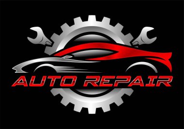 Auto repair sports car logo vector illustration with gear and red and black in color on black backgroun