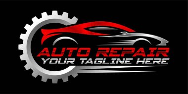 Auto repair sports car logo vector illustration with car tools as background