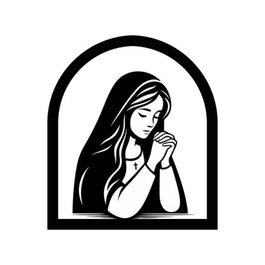 Dua eden kadın logo vektör çizimi kafasında haç olan siyah beyaz bir desen çiziyor.