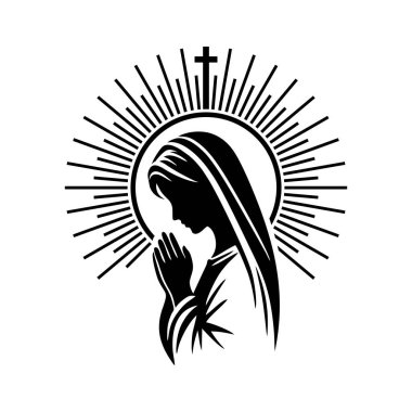 Dua eden kadın logo vektör çizimi kafasında haç olan siyah beyaz bir desen çiziyor.