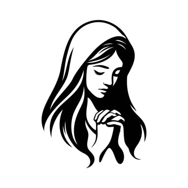 Dua eden kadın logo vektör çizimi kafasında haç olan siyah beyaz bir desen çiziyor.