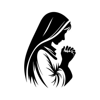 Dua eden kadın logo vektör çizimi kafasında haç olan siyah beyaz bir desen çiziyor.