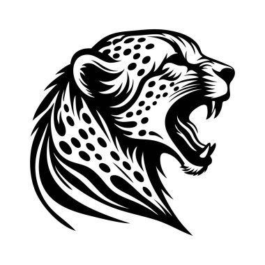 Leopar baş logo vektör çizimi siyah beyaz. Vahşi hayvan çıkartması. Basit tasarım.