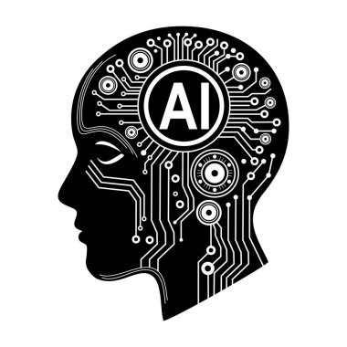 Yapay Zeka baş logo vektör çizim şablonu, teknolojinin basit simgesi, çıkartma tasarımı
