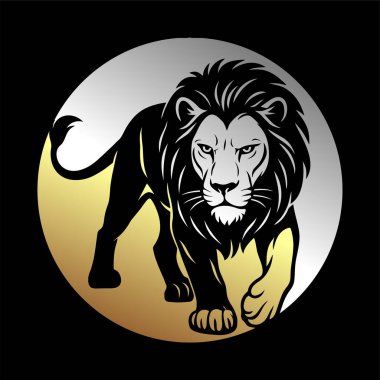 Aslan logosu illüstrasyon şablonu siyah ve altın el daire şeklinde çiziyor