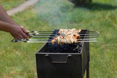 Metal bir barbeküde mangal kömürü üzerinde marine edilmiş tavuk ızgarası. Güneşli bir günde dışarıda pişirme alanını çevreleyen duman ve yeşil çimenler.