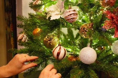 Bir kadının elleri yeşil yapay Noel ağacına bir süs takar, kırmızı, altın süsler ve yeşil dallar arasında parlayan küçük beyaz ışıklarla süslenir. Odak noktası süs.